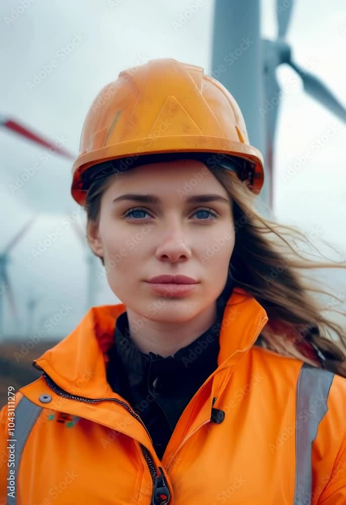 vertical video of Young Female Engineer in Orange Safety Gear Standing in a Wind Turbine farm vertical video of Young Female Engineer in Orange Safety Gear Standing in a Wind Turbine farm
