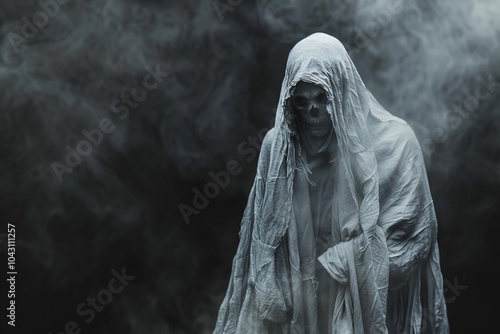 "Ghostly figure in tattered white shroud emerging from fog. Spooky Halloween atmosphere for poster or banner design."