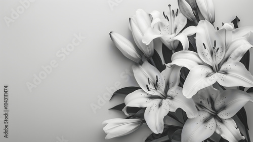 Black and white close up of lily flowers over light grey background with copy space for text. Funeral invitation template for mourning design.