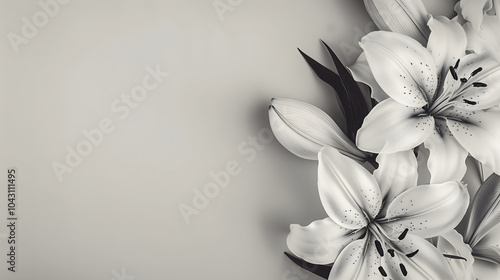 Black and white close-up of lily flowers over light grey background with copy space for text. Funeral invitation template for mourning design.