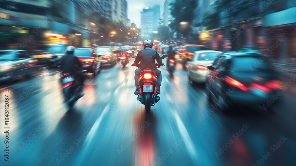 Delivery riders on motorcycles in a congested city Delivery riders on motorcycles in a congested city