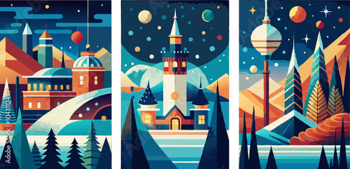 Retro futuristic winter landscapes with space elements - ideal for print, posters, cards