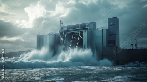 A tidal power plant on the shore, with waves crashing into large turbine structures, harnessing the ocean’s energy photo