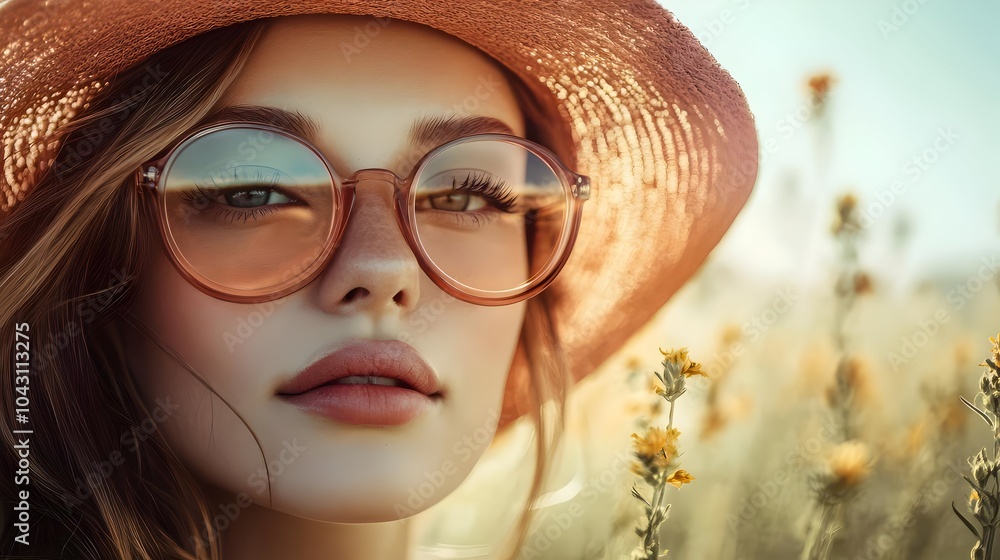 A pensive young woman wearing round glasses and a wide-brimmed straw hat,gazing thoughtfully into the distance while standing in a serene countryside meadow filled with wildflowers. A pensive young woman wearing round glasses and a wide-brimmed straw hat,gazing thoughtfully into the distance while standing in a serene countryside meadow filled with wildflowers.