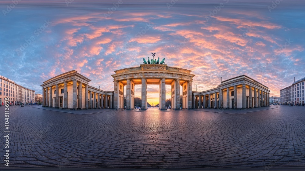 Naklejka premium 360-degree panoramic view of the Brandenburg Gate in Berlin at sunrise.