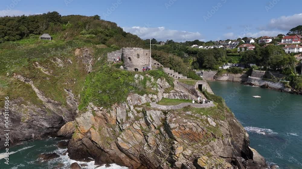 Coastal Castle Fly Over up and forward, bright sunny, Polruan, Fowey Cornwall,UK Coastal Castle Fly Over up and forward, bright sunny, Polruan, Fowey Cornwall,UK