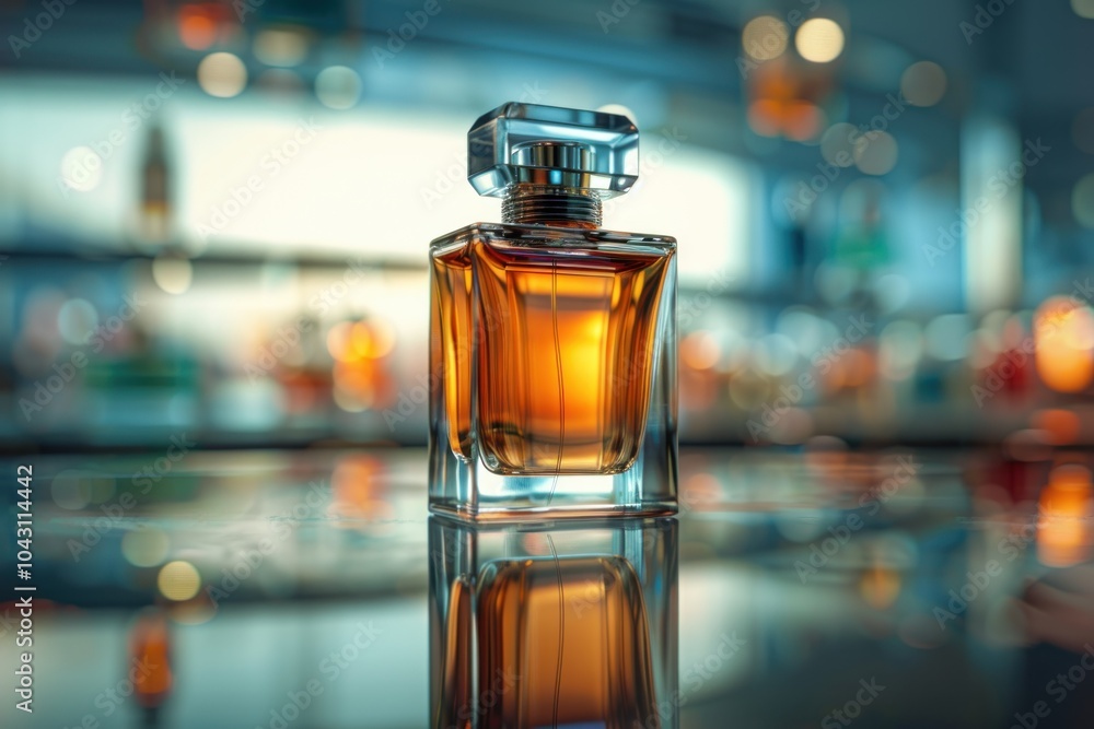 A studio shot of a perfume bottle with a reflective surface against a mirrored background, emphasizing luxury and elegance for an advertisement. A studio shot of a perfume bottle with a reflective surface against a mirrored background, emphasizing luxury and elegance for an advertisement.