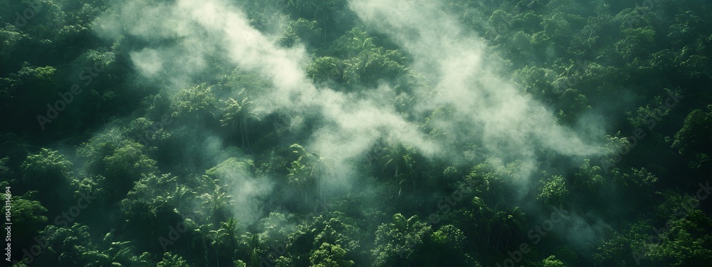 Aerial view of smoke rising from a burning rainforest, with dense trees in the background Aerial view of smoke rising from a burning rainforest, with dense trees in the background
