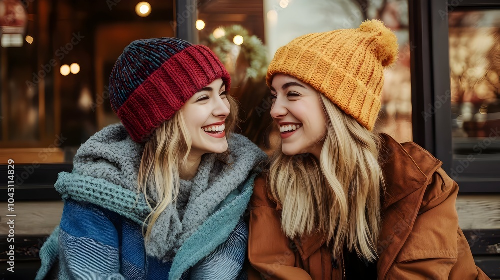 Cheerful young female friends wearing warm winter clothing and hats embracing and smiling in a cozy,festive outdoor lifestyle scene. The image captures a joyful. Cheerful young female friends wearing warm winter clothing and hats embracing and smiling in a cozy,festive outdoor lifestyle scene. The image captures a joyful.