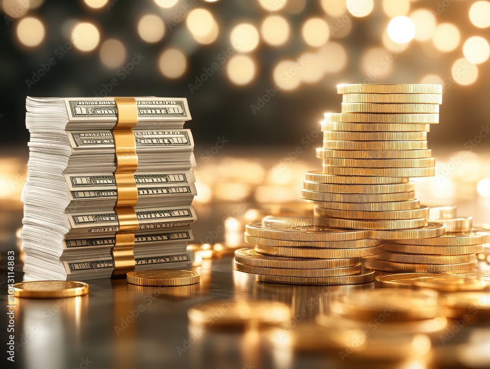Stacks of money and coins elegantly arranged, creating a luxurious atmosphere filled with light and potential wealth. Stacks of money and coins elegantly arranged, creating a luxurious atmosphere filled with light and potential wealth.