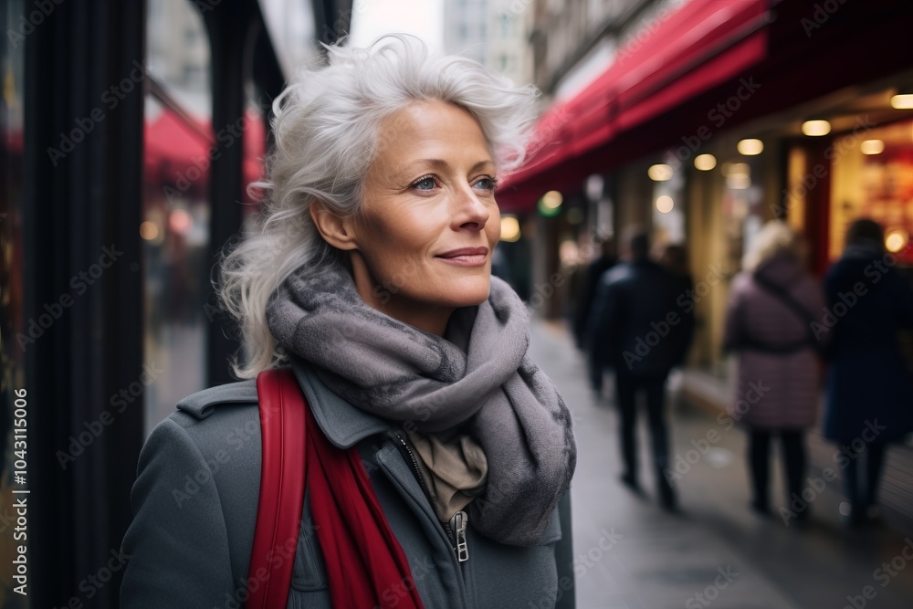 Portrait of a beautiful senior woman in Paris, France, wearing gray coat and scarf Portrait of a beautiful senior woman in Paris, France, wearing gray coat and scarf