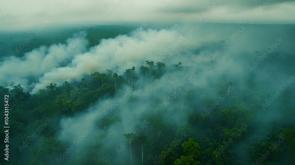 Fototapeta premium Aerial view of smoke rising from a burning rainforest, with dense trees in the background