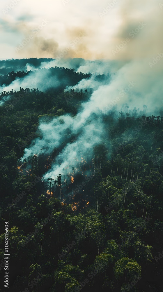 Fototapeta premium Aerial view of smoke rising from a burning rainforest, with dense trees in the background