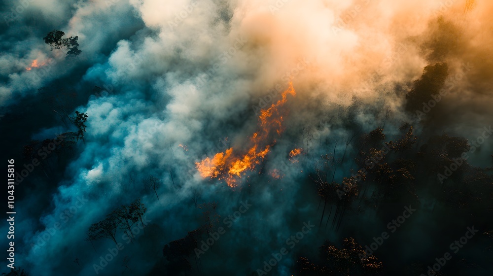 Aerial view of smoke rising from a burning rainforest, with dense trees in the background Aerial view of smoke rising from a burning rainforest, with dense trees in the background