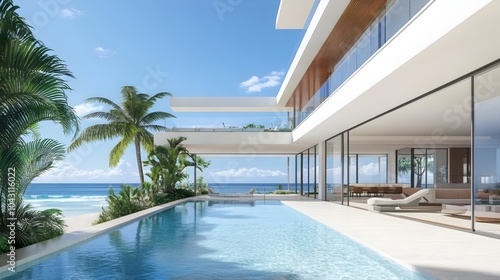 Luxurious tropical villa with infinity pool and stunning ocean views. Featuring a modern,contemporary design with palm trees,a private beach,and a serene.