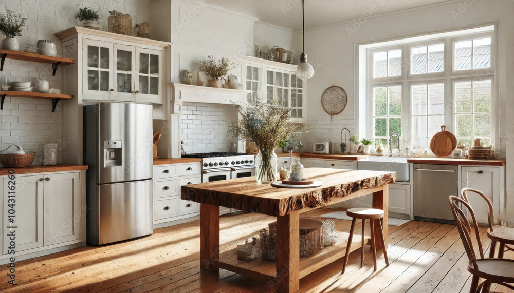A bright and airy kitchen with a rustic wooden island, complemented by white cabinetry and stainless steel appliances, creating a cozy yet modern feel, with ample natural light enhancing the space. A bright and airy kitchen with a rustic wooden island, complemented by white cabinetry and stainless steel appliances, creating a cozy yet modern feel, with ample natural light enhancing the space.