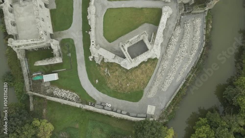 Above View Of Desmond Castle Ruins And Deel River In Askeaton Town, Ireland. Aerial Shot photo