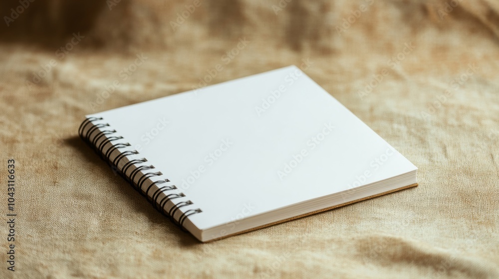 Fototapeta premium Blank white spiral notebook on brown fabric background.