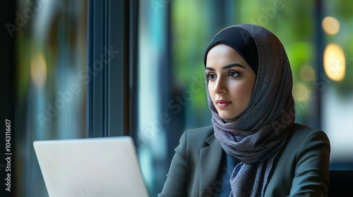 Confident and friendly looking Muslim businesswoman wearing a headscarf or hijab and a smart suit, wide landscape format with copy or text space. 