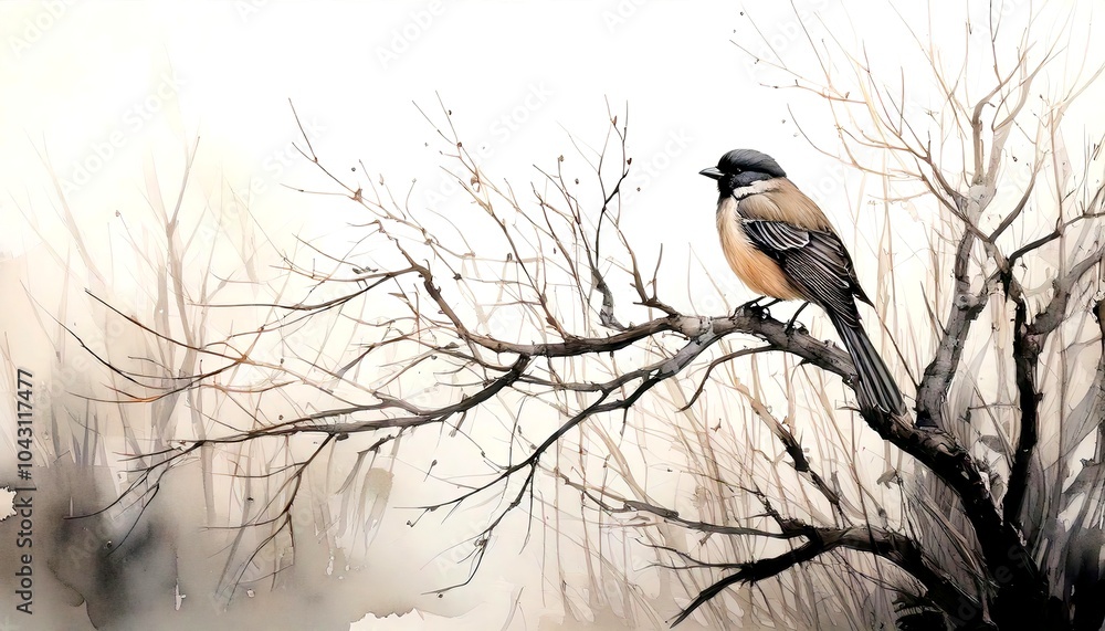 A solitary bird perched on a bare branch, gazing out at the winter landscape, a silent sentinel of the season. Watercolor Illustration. Drawing. Art. 2 A solitary bird perched on a bare branch, gazing out at the winter landscape, a silent sentinel of the season. Watercolor Illustration. Drawing. Art. 2