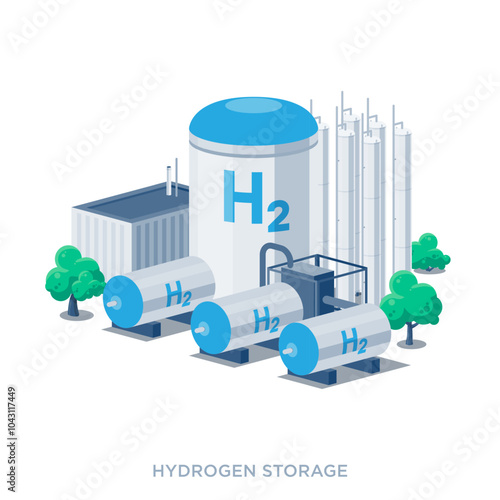 Hydrogen storage tanks facility power plant. Blue, green, grey hydrogen gas production process. Factory technology with pipeline equipment. Flat isolated vector illustrations on white.