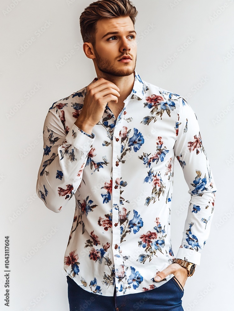Model man in a fashionable long-sleeve shirt with modern accessories on a white background. Model man in a fashionable long-sleeve shirt with modern accessories on a white background.