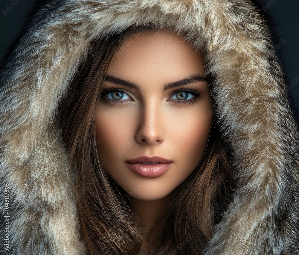A beautiful woman wearing luxurious fur coat with a hood, looking at the camera. A beautiful woman wearing luxurious fur coat with a hood, looking at the camera.