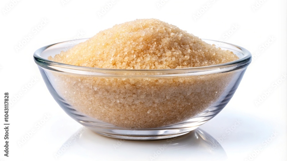 Granulated sugar in glass bowl isolated on white background Granulated sugar in glass bowl isolated on white background