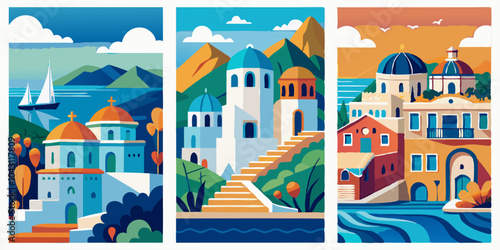 Vibrant mediterranean coastal scenes illustration for travel and lifestyle design