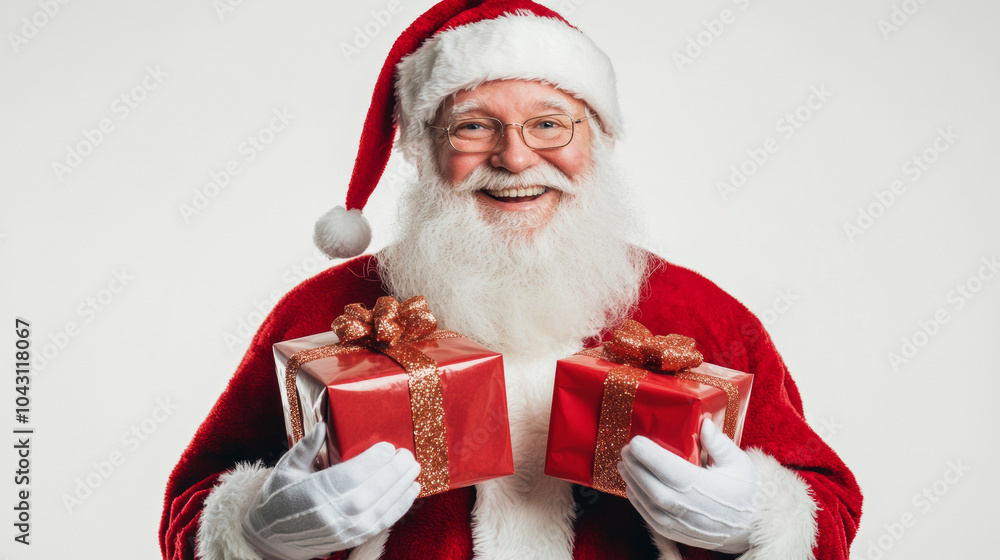 Naklejka premium Santa Claus in Christmas hat costume hold red shiny gift box with ribbon bow on white background shimmering glistering with copy space
