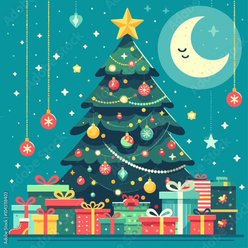 flat vector Christmas tree with gifts