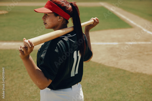 Confident baseball player holding bat on field wearing team jersey and cap