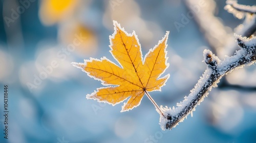 A branch of yellow and leaves, frost adheres to the maple leaf, abrupt drop in temperature, snow, cool colour, warm light
 photo