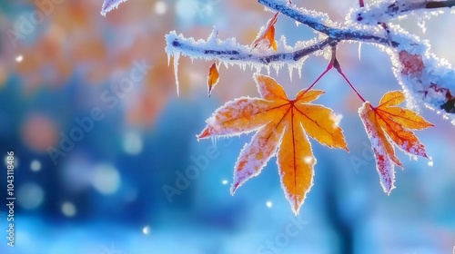 A branch of yellow and leaves, frost adheres to the maple leaf, abrupt drop in temperature, snow, cool colour, warm light
