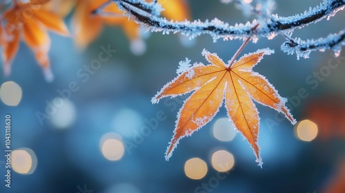 A branch of yellow and leaves, frost adheres to the maple leaf, abrupt drop in temperature, snow, cool colour, warm light 