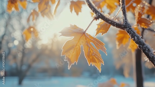 A branch of yellow and leaves, frost adheres to the maple leaf, abrupt drop in temperature, snow, cool colour, warm light
 photo