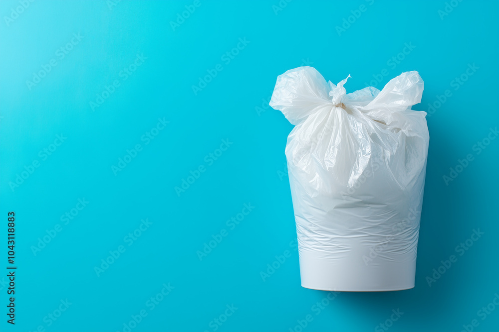 Trash can with bag on blue background, space for text Trash can with bag on blue background, space for text