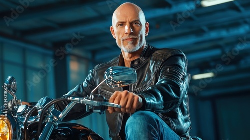 A confident man in a leather jacket poses on a motorcycle in an industrial setting.