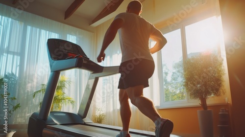 Wallpaper Mural A person running on a treadmill by a window with sunlight coming through, highlighting an indoor exercise scenario in a home environment. Torontodigital.ca