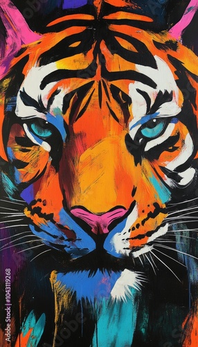 A colorful, abstract tiger face with exaggerated features in a Pop art aesthetic