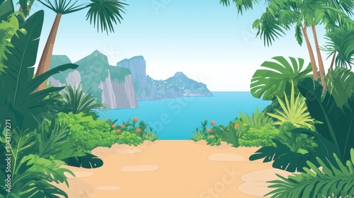 Serene Tropical Beach Paradise with Lush Greenery and Azure Waters