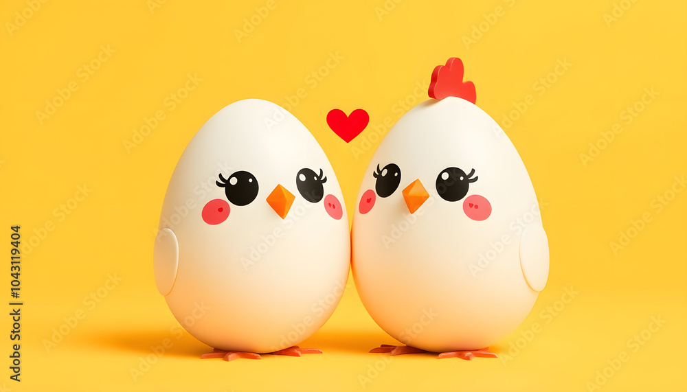Happy loving couple of chicken eggs faces with heart on yellow background isolated with white highlights, png Happy loving couple of chicken eggs faces with heart on yellow background isolated with white highlights, png
