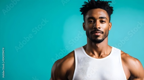 Portrait of a confident and handsome African American man with a well-groomed beard,wearing a white tank top,standing against a teal blue studio background,exuding a sense of style and masculinity.
