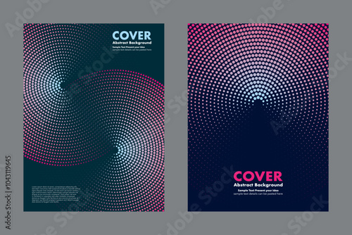 Modern abstract vector pink and blue gradient shade circles halftone dots and infinity symbol on dark background. Geometric shapes minimalist style for cover, graphic design, digital art