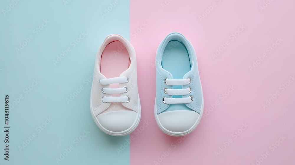 A pair of white canvas shoes with blue and pink accents on a pastel blue and pink background. A pair of white canvas shoes with blue and pink accents on a pastel blue and pink background.