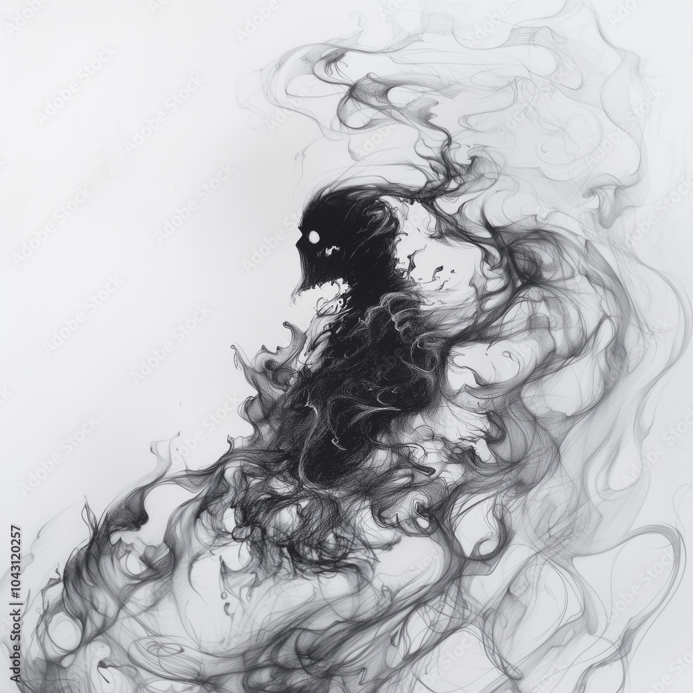 dark figure emerges from swirls of smoke, its eyes glowing ominously in a ghostly monochrome sketch dark figure emerges from swirls of smoke, its eyes glowing ominously in a ghostly monochrome sketch