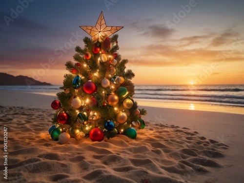 christmas tree decoration with christmas ornament and light tube on the beach