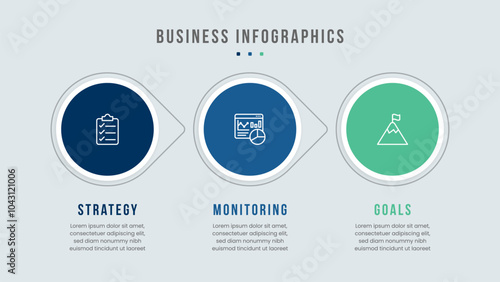 A modern infographic template featuring three sections: strategy, monitoring, and goals. Perfect for business presentations, reports, and marketing designs.