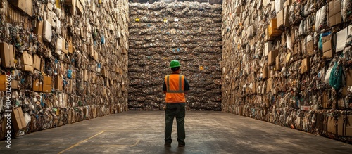 Worker in Safety Gear Observing Stacked Bales of Recyclable Materials in a Large Industrial Warehouse photo