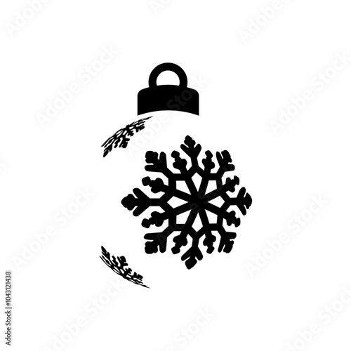 Decoración de Navidad. Logo con silueta de bola de navidad en espacio negativo con copo de nieve para tarjetas y felicitaciones